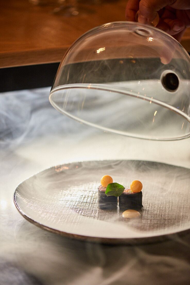 photographie culinaire d'un Sushi de tartare de renne fumés Icehotel