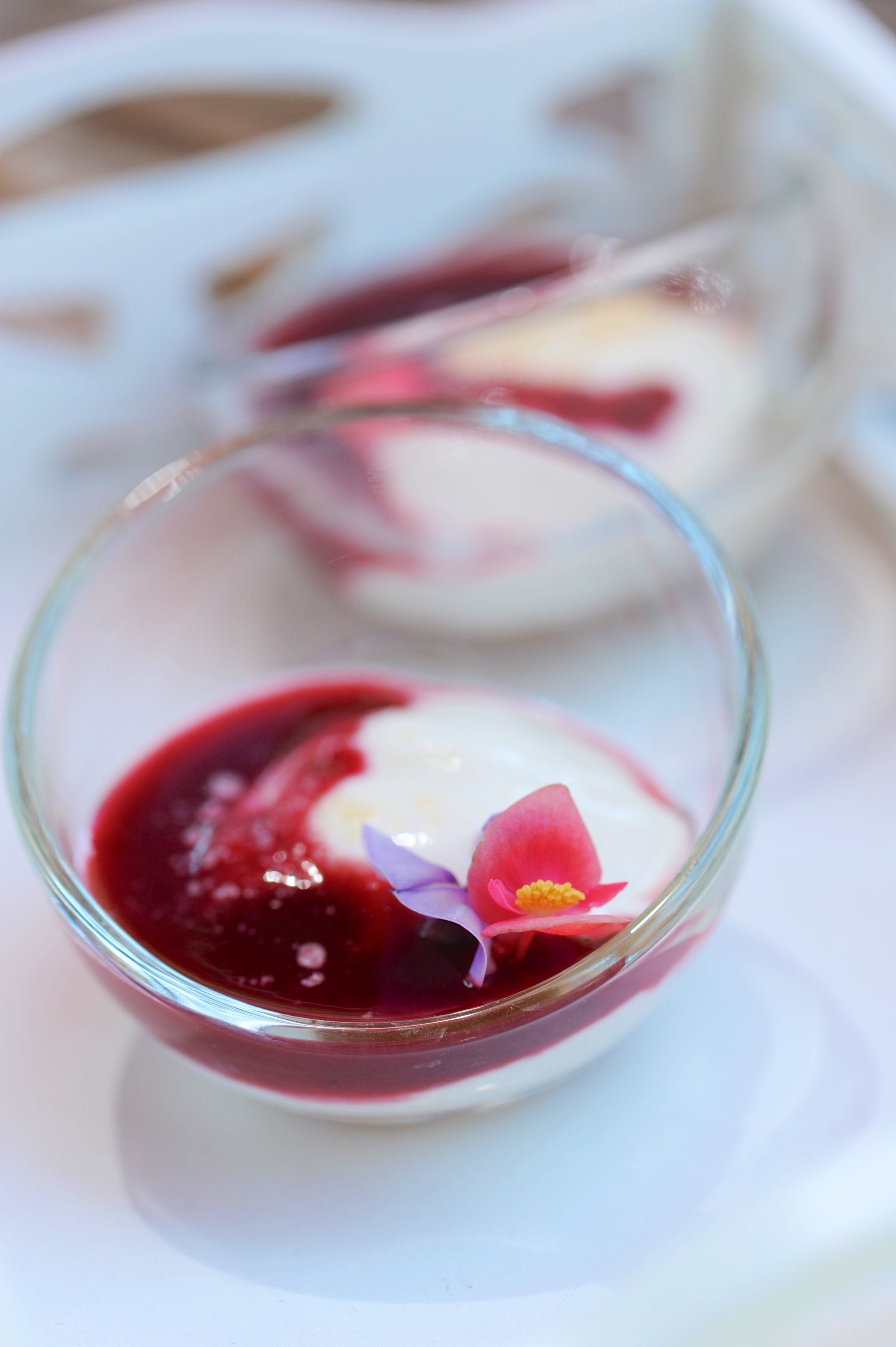 Photographie culinaire d'un confit de rose et yaourt de soja, pétale de pommier. Photoraphe culinaire Var, Paca, Vaucluse, Alpes Maritimes